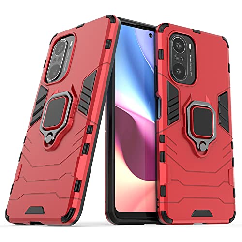 Max Power Digital Hülle für Xiaomi Poco F3 Drehbar Ringhalter Cover Magnet Bumper Handyhülle Case Stoßfest Doppelschichter Schutzhülle Outdoor Shock Absorption Mit Ring (Xiaomi Poco F3, Rot) von Max Power Digital