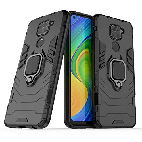 Max Power Digital Hülle für Xiaomi Redmi Note 9 Drehbar Ringhalter Cover Magnet Bumper Handyhülle Case Stoßfest Doppelschichter Schutzhülle Outdoor Shock Absorption Mit Ring (Schwarz) von Max Power Digital