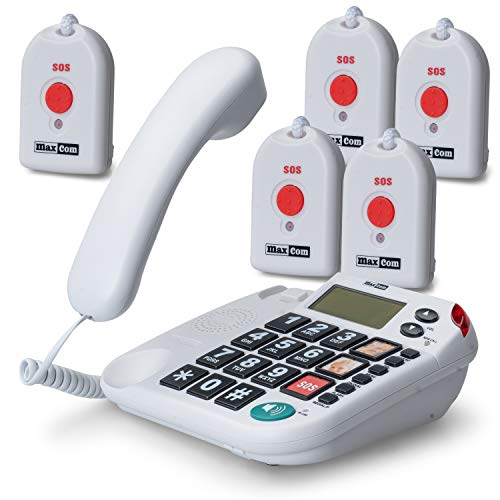 MaxCom KXT481SOS: Seniorentelefon mit Funk Notruf Sender und großen Tasten extra laut schnurgebundenes Festnetztelefon mit 5X Notrufknopf und Adapterstecker Hausnotruf für Senioren von Maxcom
