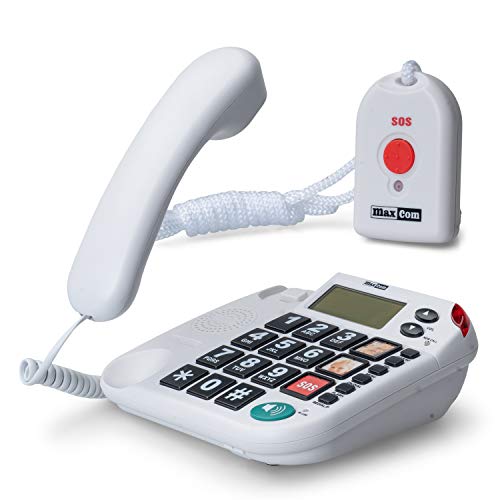 Maxcom KXT481SOS: Seniorentelefon mit Funk Notruf Sender und großen Tasten extra laut; schnurgebundenes Festnetztelefon mit Notrufknopf und Adapterstecker Hausnotruf für Senioren hörgerätekompatibel von Maxcom