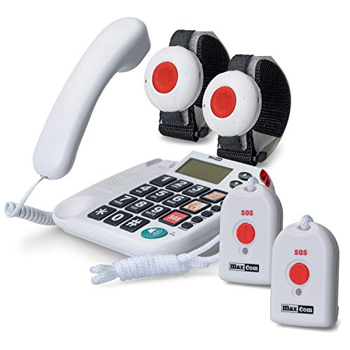 Maxcom KXTSOS: Seniorentelefon, schnurgebundenes Festnetztelefon mit 2 Armband- und 2 Umhängesender, großen Tasten, Adapterstecker von Maxcom
