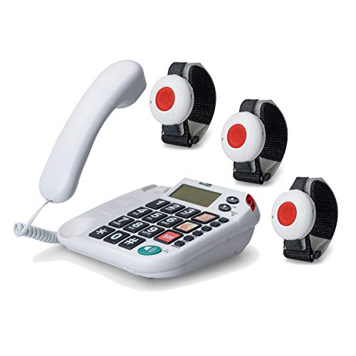 Maxcom KXTSOS: Seniorentelefon mit Funk-Notruf-Sender, schnurgebundenes Festnetztelefon mit 3 Armbandsendern, großen Tasten, Adapterstecker, hörgerätekompatibel von Maxcom
