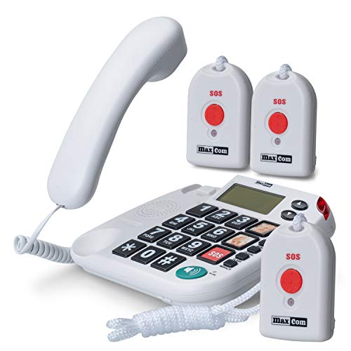 Maxcom KXTSOS: Seniorentelefon mit Funk-Notruf-Sender, schnurgebundenes Festnetztelefon mit 3 Umhängesendern, großen Tasten, Adapterstecker, hörgerätekompatibel von Maxcom