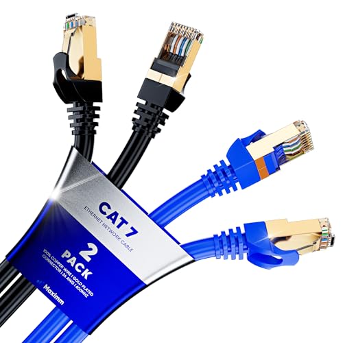 Cat 7 Ethernet-Kabel, 91 cm, Hochgeschwindigkeits-Internet- und Netzwerk-LAN-Patchkabel, RJ45-Stecker, 91 cm, Schwarz und Blau, 2 Stück, perfekt für Gaming, Streaming und mehr von Maximm