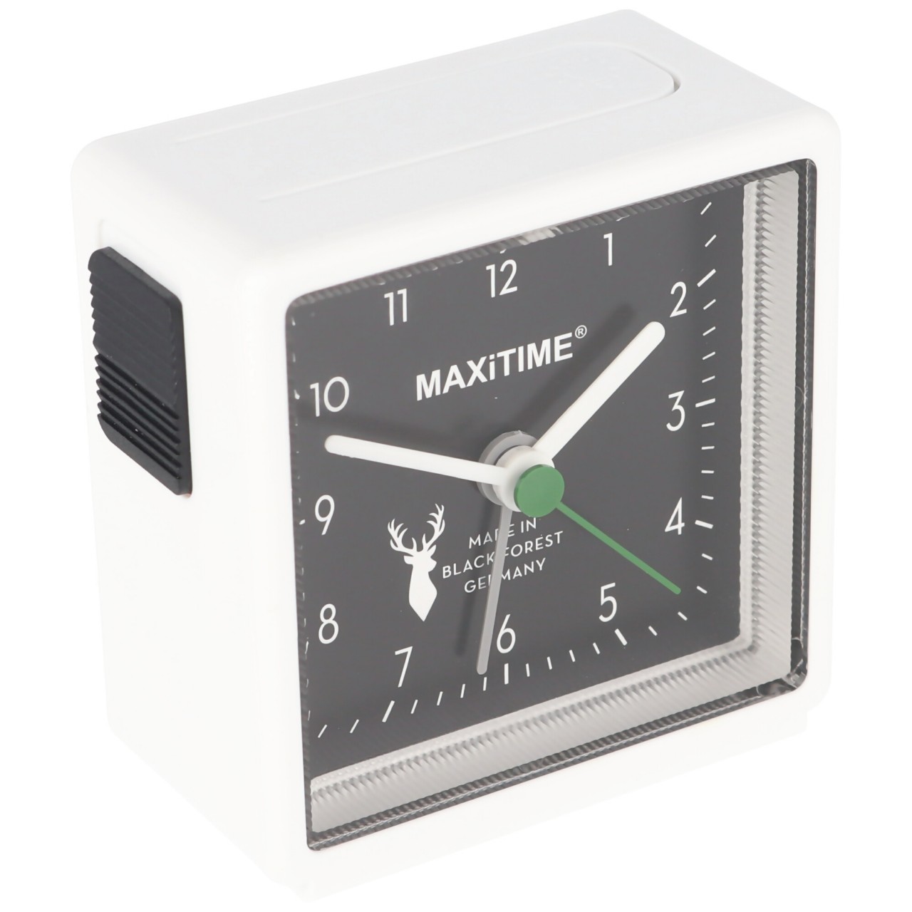 Quartz Wecker weiss mit Licht, mit schwarzem Ziffernblatt, mit Batterie, Made in Germany, Made in Black Forest Quartz Wecker weiss mit Licht, mit schwarzem Ziffernblatt, mit Batterie, Made in Germany, Made in Black Forest von Maxitime