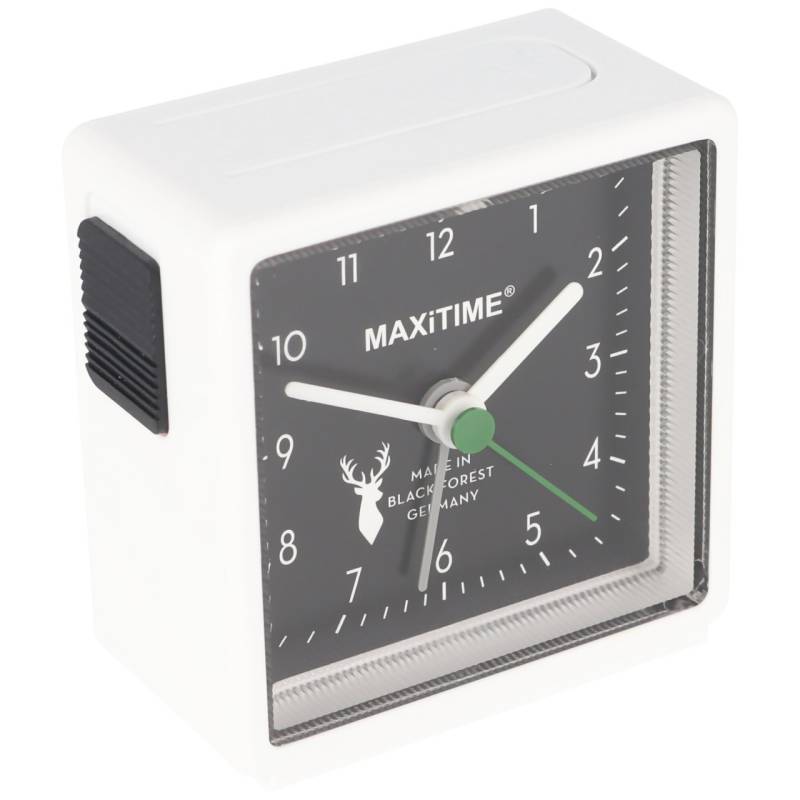 Quartz Wecker weiss mit Licht, mit schwarzem Ziffernblatt, mit Batterie, Made in Germany, Made in Black Forest von Maxitime