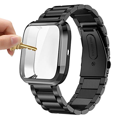 Maxjoy Kompatibel mit Fitbit Versa 2 Bänder, Versa2 Metall-Band, großes Edelstahl-Armband mit Schutzhülle für Männer und Frauen, kompatibel mit Fitbit Versa 2 Smart Watch, Metallschwarz von Maxjoy