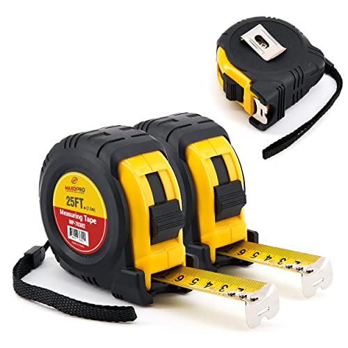 MaxoPro Einziehbares Maßband, 7,6 m mit Präzision (1/32 Zoll/1 mm) – 2 Stück, robustes, stabiles und leicht ablesbares Maßband mit dickem Gummigriff und 25 mm breiter, glatter Gleitbandklinge von MaxoPro