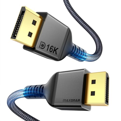 Maxonar 16K DisplayPort 2.1 Kabel 3M DP 2.0 Kabel 16K@60Hz,10K@60Hz,8K@120Hz, 4K@240Hz/165Hz/144Hz 80Gbps HDR10 HDCP DSC 1.2a FreeSync G-Sync Display Port 2.1 Kabel für Gaming Monitor von Maxonar