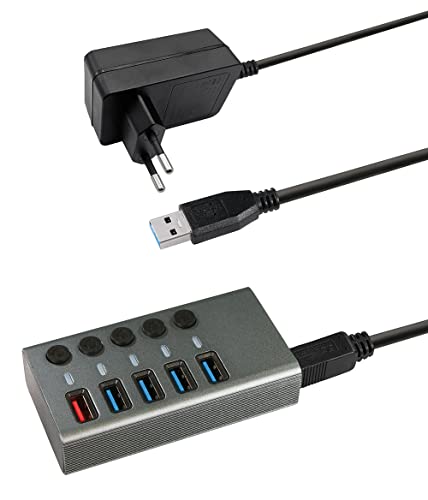 MaxTrack USB 3.0 Hub CH10L - USB 3.0 Hub mit 4 USB Ports, 1 Ladeport für Mobilgeräte, USB Hub mit Netzteil, 5 Gbps, USB Hub Aktiv, 2,4A Ladestation, Einzeln Schaltbar von Maxtrack