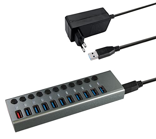 MaxTrack USB 3.0 Hub CH12L - USB 3.0 Hub mit 10 USB Ports, 1 Ladeport für Mobilgeräte, USB Hub mit Netzteil, 5 Gbps, USB Hub Aktiv, 2,4A Ladestation, Einzeln Schaltbar von Maxtrack