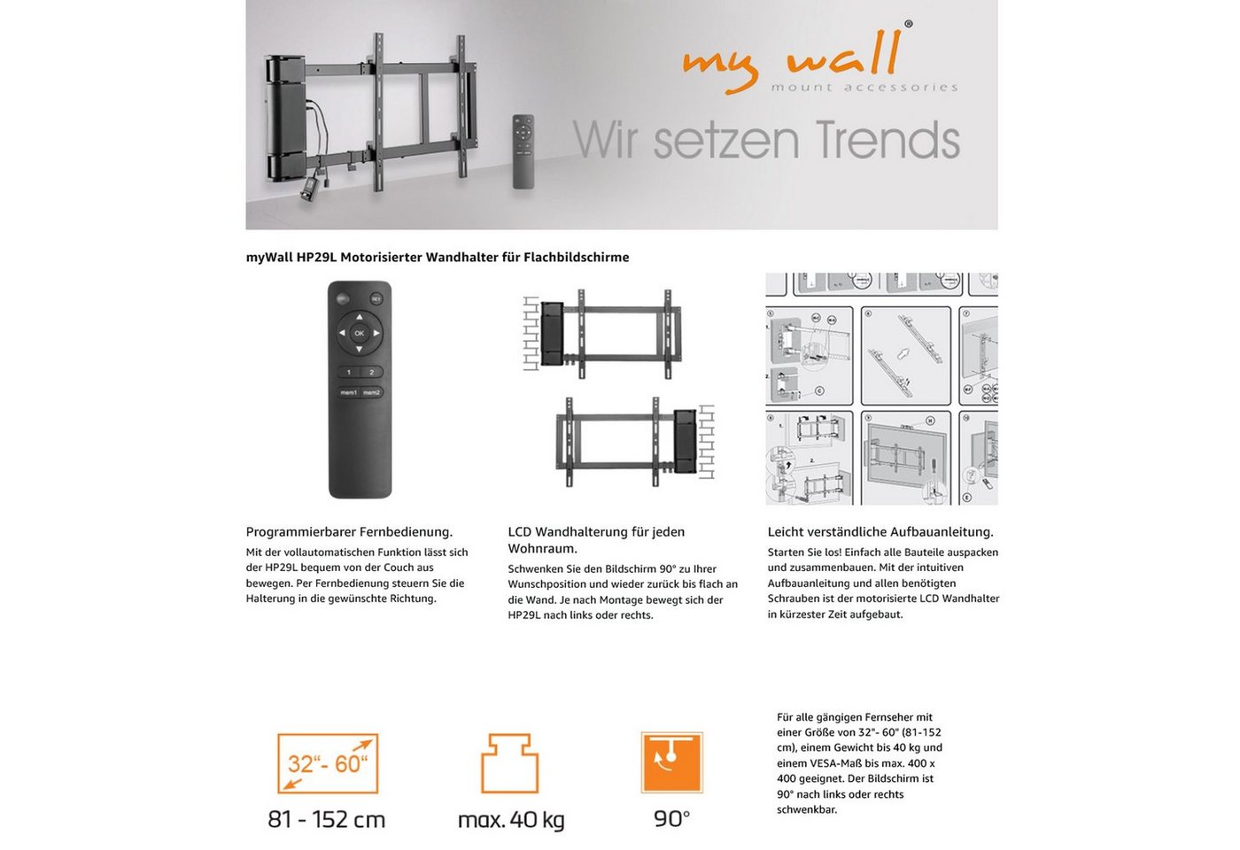 Maxtrack motorisierter Wandhalter für LED/ LCD/ OLED TV 32“ - 60“ HP29L - Schwa TV-Wandhalterung von Maxtrack