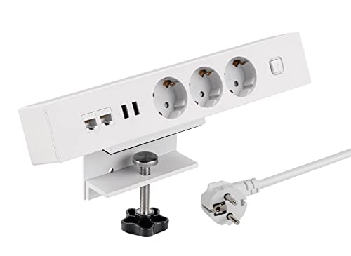 maxtrack Tischsteckdose NV62L 3-Fach Schutzkontakt mit 2X USB und 2X LAN Anschluss, Mehrfachsteckdose für Zuhause mit Tischbefestigung, Knopf zum EIN- und Ausschalten, Steckdosenleiste mit 1,8m Kabel von Maxtrack