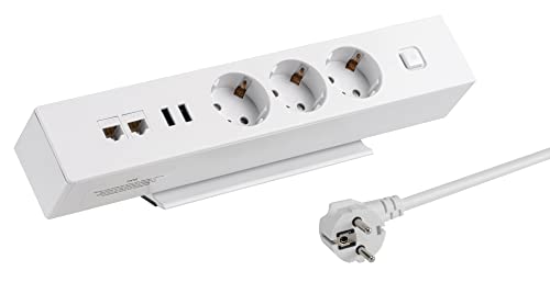 maxtrack Tischsteckdose NV63L 3-Fach Schutzkontakt mit 2X USB und 2X LAN Anschluss, Mehrfachsteckdose für Zuhause mit Tischbefestigung, Knopf zum EIN- und Ausschalten, Steckdosenleiste mit 1,8m Kabel von MAXTRACK