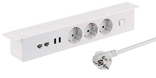 maxtrack Tischsteckdose NV64L 3-Fach Schutzkontakt mit 2X USB und 2X LAN Anschluss, Mehrfachsteckdose für Zuhause Anschraubbar, Knopf zum EIN- und Ausschalten, Steckdosenleiste mit 1,8m Kabel von Maxtrack