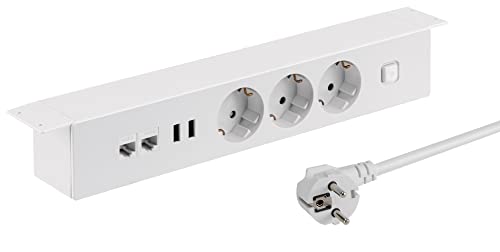 maxtrack Tischsteckdose NV64L 3-Fach Schutzkontakt mit 2X USB und 2X LAN Anschluss, Mehrfachsteckdose für Zuhause Anschraubbar, Knopf zum EIN- und Ausschalten, Steckdosenleiste mit 1,8m Kabel von MAXTRACK