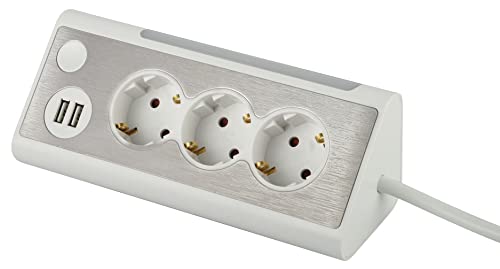 maxtrack Tischsteckdose NV70-1,5WL 3-Fach Eck-Mehrfachsteckdose 2X USB-Ladeanschlüsse und LED-Beleuchtung, Mehrfachsteckdose für Zuhause mit Knopf zum EIN-Ausschalten der LED-Beleuchtung, 1,5m Kabel von Maxtrack