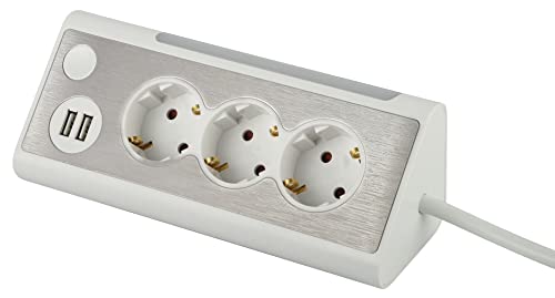 maxtrack Tischsteckdose NV70-3WL 3-Fach Eck-Mehrfachsteckdose 2X USB-Ladeanschlüsse und LED-Beleuchtung, Mehrfachsteckdose für Zuhause mit Knopf zum EIN-Ausschalten der LED-Beleuchtung, 3m Kabel von MAXTRACK