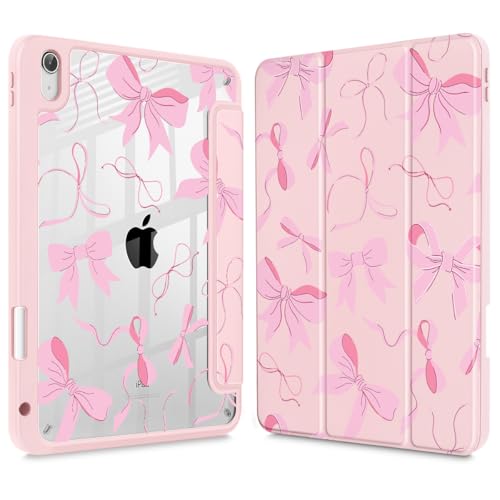 May Chen Hülle für iPad Air 11 (M3 2025 / M2 2024) 7th 6th, iPad Air 4 & 5 10.9 Zoll 5th 4th (2022/2020) - Stifthalter + Auto Sleep/Wake, Transparent Stoßfest Back Cover, Schleifen Rosa von May Chen