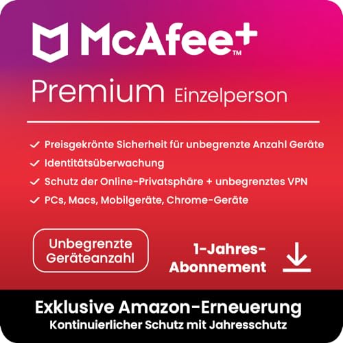 McAfee+ Premium– Einzelperson, Virenschutz- und Internet-Sicherheitssoftware für eine unbegrenzte Anzahl an Geräten, 1-Jahres-Abonnement, mit automatischer Verlängerung von McAfee
