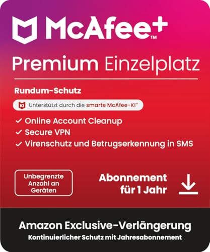 McAfee+ Premium– Einzelperson, Virenschutz- und Internet-Sicherheitssoftware für eine unbegrenzte Anzahl an Geräten, 1-Jahres-Abonnement, mit automatischer Verlängerung von McAfee