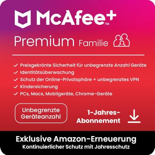 McAfee+ Premium - Family, Virenschutz- und Internet-Sicherheitssoftware für eine unbegrenzte Anzahl an Geräten, 1-Jahres-Abonnement, mit automatischer Verlängerung von McAfee