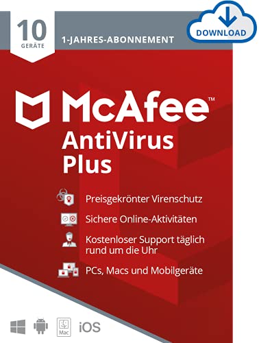 McAfee AntiVirus Plus 2024 | 10 Geräte | Virenschutz- und Internet-Sicherheitssoftware | PC/Mac/iOS/Android|1-Jahres-Abonnement | Aktivierungscode per E-Mail von McAfee