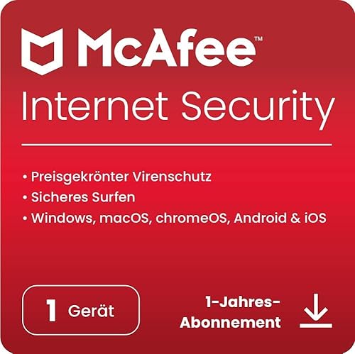 McAfee Internet Security 2023 | 1 Gerät | Virenschutz- und Internet-Sicherheitssoftware | Windows/Mac/Android/iOS | 1-Jahres-Abonnement | Download-Code | Internet Security | Aktivierungscode per Email von McAfee
