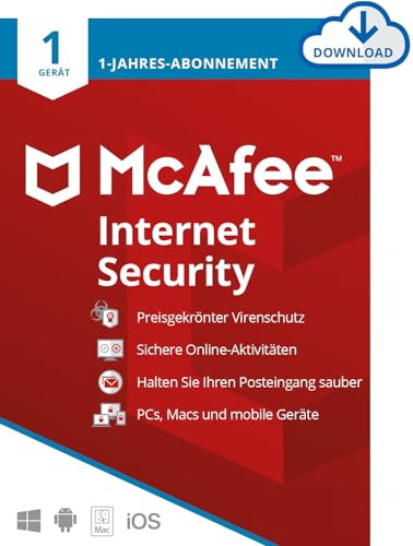 McAfee Internet Security 2024 | 1 Gerät | Antiviren-Internet-Sicherheitssoftware | PC/Mac/iOS/Android|1-Jahres-Abonnement | Aktivierungscode per E-Mail von McAfee