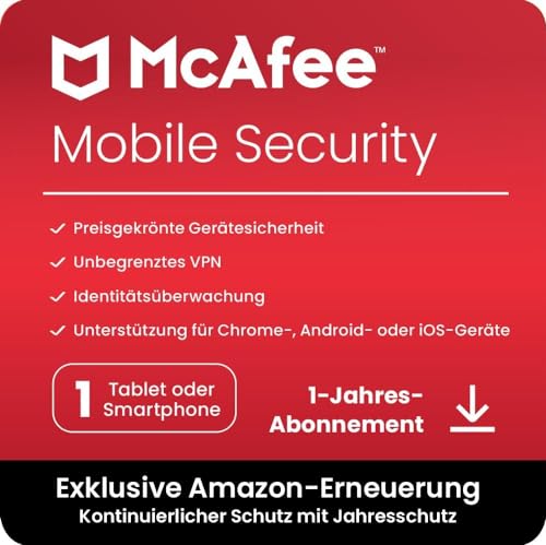 McAfee Mobile Security, Virenschutz-Software für 1 Gerät (Android/iOS), 1-Jahres-Abonnement, mit automatischer Verlängerung [Exklusives Amazon-Abonnement] von McAfee