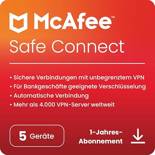McAfee Safe Connect 2024|Unbegrenzte VPN-, Internetsicherheits- und Datenschutzsoftware | 5 Geräte | 1 Benutzer | PC/Mac/iOS/Android|1-Jahres-Abonnement | Aktivierungscode per E-Mail von McAfee