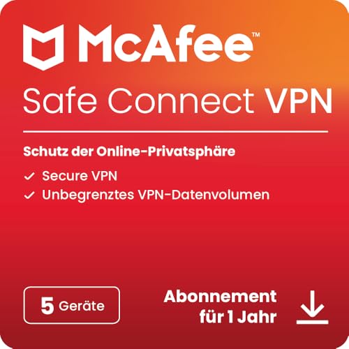 McAfee Safe Connect 2024|Unbegrenzte VPN-, Internetsicherheits- und Datenschutzsoftware | 5 Geräte | 1 Benutzer | PC/Mac/iOS/Android|1-Jahres-Abonnement | Aktivierungscode per E-Mail von McAfee