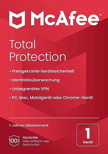 McAfee Total Protection 2024, 1 Gerät | Antivirus, VPN, Passwort-Manager, Mobil- und Internetsicherheit | PC/Mac/iOS/Android|1-Jahres-Abonnement | Zustellung per Post von McAfee