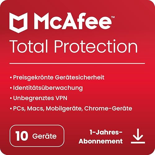 McAfee Total Protection 2024, 10 Geräte | Antivirus, VPN, Kindersicherung, Passwort-Manager, mobile Sicherheit|| PC/Mac/iOS/Android|1-Jahres-Abonnement | Aktivierungscode per E-Mail von McAfee