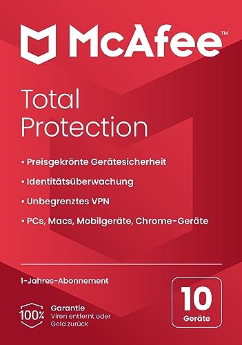 McAfee Total Protection 2024, 10 Geräte | Antivirus, VPN, Kindersicherung, Passwort-Manager, mobile Sicherheit|| PC/Mac/iOS/Android|1-Jahres-Abonnement | Zustellung per Post von McAfee