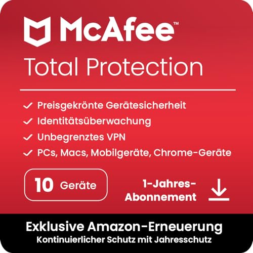 McAfee Total Protection 2024, 10 Geräte | Antivirus,VPN,Kindersicherung, Passwort-Manager, mobile Sicherheit| PC/Mac/iOS/Android|Jährliche automatische Verlängerung des exklusiven Amazon-Abonnements von McAfee