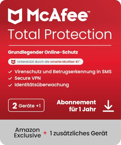 McAfee Total Protection 2024, 2 Geräte + 1 Bonusgerät Enthalten | Antivirus, VPN, Passwort-Manager, Mobil- und Internetsicherheit | PC/Mac/iOS/Android|1-Jahres-Abonnement | Aktivierungscode per E-Mail von McAfee