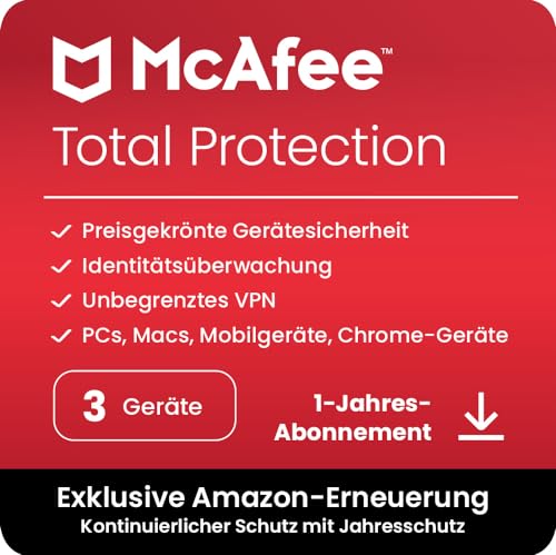 McAfee Total Protection 2024, 3 Geräte, | Antivirus, VPN, Passwort-Manager, Mobil- und Internetsicherheit | PC/Mac/iOS/Android|Jährliche automatische Verlängerung des exklusiven Amazon-Abonnements von McAfee