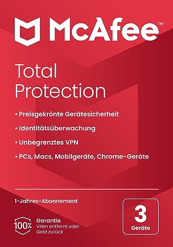 McAfee Total Protection 2024, 3 Geräte | Antivirus, VPN, Passwort-Manager, Mobil- und Internetsicherheit | PC/Mac/iOS/Android|1-Jahres-Abonnement | Zustellung per Post von McAfee
