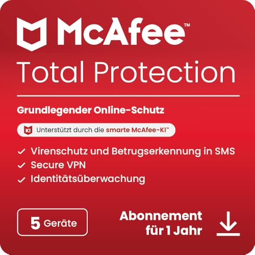 McAfee Total Protection 2024, 5 Geräte | Antivirus, VPN, Passwort-Manager, Mobil- und Internetsicherheit | PC/Mac/iOS/Android|1-Jahres-Abonnement | Aktivierungscode per E-Mail von McAfee