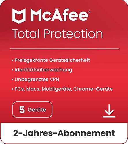 McAfee Total Protection 2024, 5 Geräte | Antivirus, VPN, Passwort-Manager, Mobil- und Internetsicherheit | PC/Mac/iOS/Android|2-Jahres-Abonnement | Aktivierungscode per E-Mail von McAfee