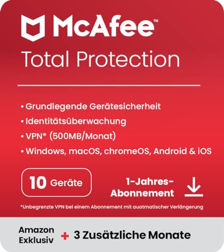 McAfee Total Protection 2024 Amazon Exclusive, 10 Geräte | Antivirus, VPN, Passwort-Manager, Mobil- und Internetsicherheit | PC/Mac/iOS/Android|15-Monats-Abonnement | Aktivierungscode per E-Mail von McAfee