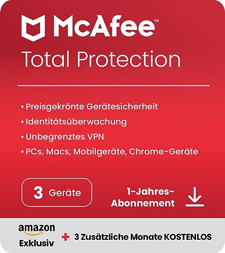 McAfee Total Protection 2024 Amazon Exclusive, 3 Geräte | Antivirus, VPN, Passwort-Manager, Mobil- und Internetsicherheit | PC/Mac/iOS/Android|15-Monats-Abonnement | Aktivierungscode per E-Mail von McAfee