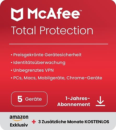 McAfee Total Protection 2024 Amazon Exclusive, 5 Geräte | Antivirus, VPN, Passwort-Manager, Mobil- und Internetsicherheit | PC/Mac/iOS/Android|15-Monats-Abonnement | Aktivierungscode per E-Mail von McAfee