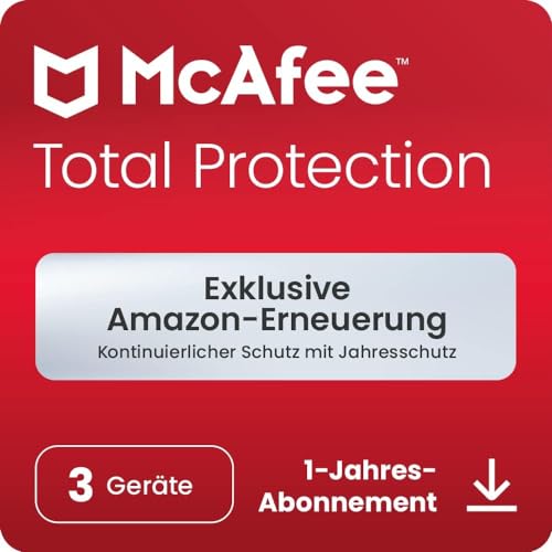 [T]McAfee Total Protection 2024, 3 Geräte, | Antivirus, VPN, Passwort-Manager, Mobil- und Internetsicherheit | PC/Mac/iOS/Android|Jährliche automatische Verlängerung des exklusiven Amazon-Abonnements von McAfee