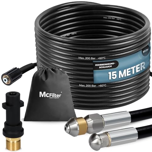McFilter | Rohrreinigungsschlauch, 15m, 200 bar, 60 °C inkl. Düsen starr + rotierend für Hochdruckreiniger, u.a. geeignet für Kärcher von McFilter