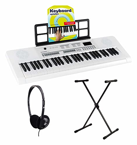 McGrey 6170 WH Akku-Keyboard Weiß - 61 Tasten-Keyboard mit integriertem Akku - 200 Klänge und Rhythmen - Eingebauter MP3-Player - Set inkl. X-Keyboardständer, Kopfhörer & Keyboardschule von McGrey
