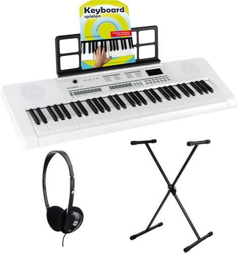 McGrey 6170 WH Akku-Keyboard Weiß - 61 Tasten-Keyboard mit integriertem Akku - 200 Klänge und Rhythmen - Eingebauter MP3-Player - Set inkl. X-Keyboardständer, Kopfhörer & Keyboardschule von McGrey