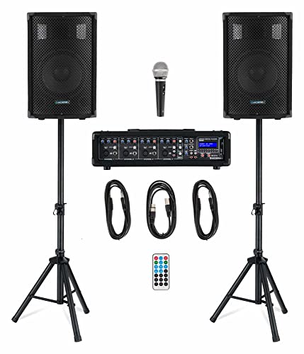 McGrey BP-210 Bandpack PA-Anlage - 4-Kanal Powermixer - digitaler Hall - Bluetooth - USB/SD-Slot - 2-Wege-Lautsprecher mit 10" Woofer und Horn - Inklusive Mikrofon, Stative und Kabel - 100 Watt von McGrey