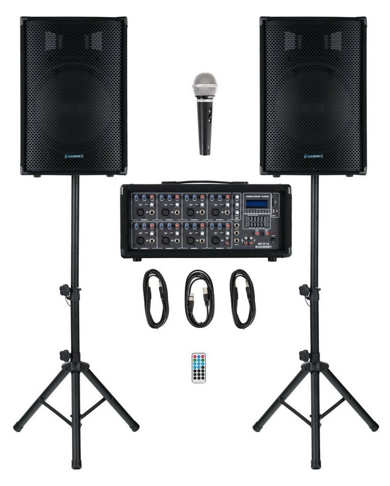 McGrey BP-215 Bandpack PA-Anlage Lautsprechersystem (Bluetooth, 150 W, inkl. 4-Kanal Powermixer - USB/SD-Slot - Mikrofon, Kabel & Stative) von McGrey